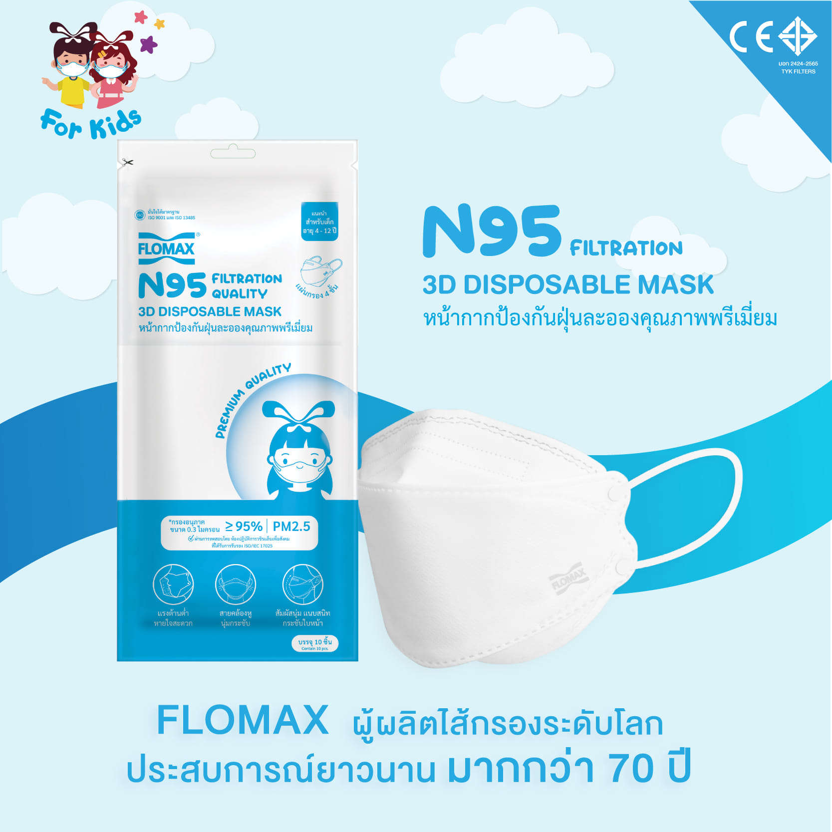 หน้ากากป้องกันฝุ่นละออง FLOMAX KIDS (4-12 ปี) สีขาว (10 ชิ้น/แพ็ค)_3